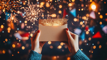 A pair of hands holds a brown envelope emitting sparklers against a colorful bokeh background, capturing the essence of celebration and surprise.の素材