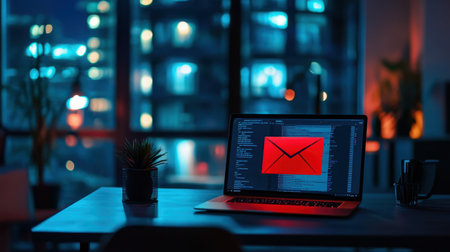 Workspace setup with a laptop displaying a phishing alert email in bright red, raising awareness about digital threatsの素材