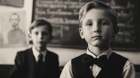 Two young boys dressed in classic school attire pose in a vintage classroom. The serious expressions and nostalgic setting evoke a sense of innocence and curiosity about learning.の素材