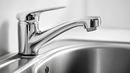 This image features a modern chrome faucet elegantly positioned by a kitchen sink, showcasing a sleek design that blends functionality with contemporary style.の素材