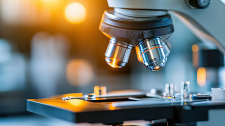 A detailed close-up of a microscope showcasing precision engineering and technology in a well-lit laboratory, representing the essence of scientific research and observation.の素材