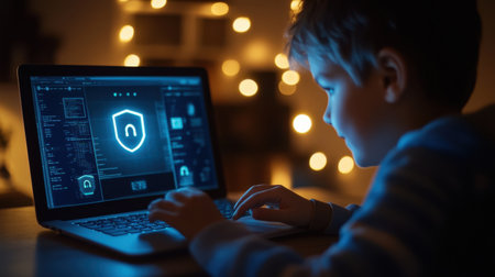 A young boy intently focuses on a laptop screen displaying cybersecurity graphics. The ambient lighting creates a cozy atmosphere, enhancing the learning experience.の素材