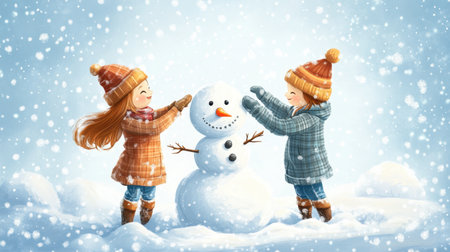 Two joyful children build a snowman in a winter wonderland, surrounded by falling snowflakes. The scene captures the essence of playful childhood in the snowy season.の素材