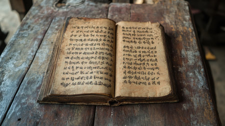 A vintage open book featuring ancient script rests on a rustic wooden surface, showcasing the beauty of historical literature and craftsmanship in an atmospheric setting.の素材