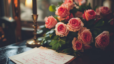 A delicate arrangement of pink roses beside a handwritten note captures a warm and intimate moment, perfect for conveying love and romance.の素材