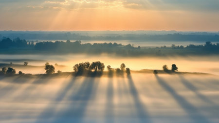 A stunning view of a tranquil morning landscape featuring fog and soft sunlight rays. This serene scene showcases trees casting long shadows across a peaceful meadow.の素材