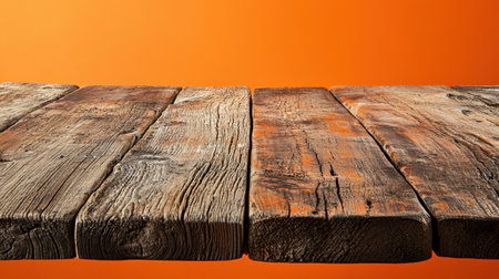 This image features rustic wooden planks arranged on a vibrant orange background. The texture and warmth of the wood create a striking contrast suitable for various design projects.の素材