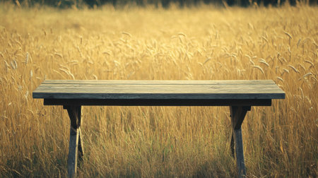 A rustic wooden table set against a backdrop of golden wheat fields at sunrise. This serene outdoor scene evokes feelings of tranquility and beauty in nature.の素材