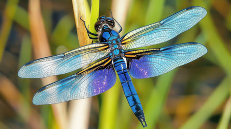 A stunning close-up of a blue dragonfly perched on a green blade of grass. The intricate patterns of its wings and vibrant colors highlight the beauty of nature.の素材