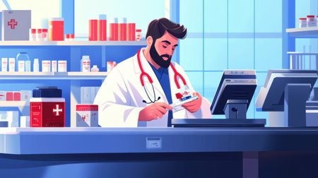A male pharmacist inspects a vial in a bright, modern pharmacy with various medications on display. The busy healthcare environment promotes patient care.の素材