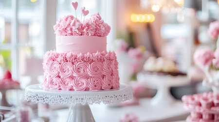 This stunning pink cake features intricate frosting decorations and charming heart toppers, perfect for celebrations, parties, or special occasions.の素材