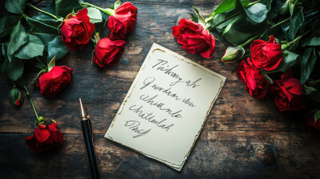 A beautiful arrangement of vibrant red roses surrounds a handwritten note on a rustic wooden table, evoking feelings of love and intimacy. Perfect for romantic themes.の素材