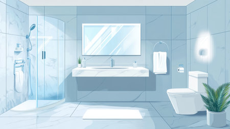 A serene and modern bathroom showcasing clean lines, a stylish shower, and natural light. Ideal for design enthusiasts seeking inspiration for home interior projects.の素材