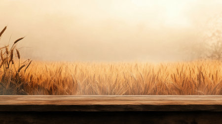A peaceful landscape showcasing a golden wheat field under a soft mist during sunrise. Ideal setting for agricultural themes and natural beauty.の素材