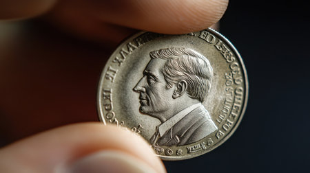 A detailed close-up view of a historical coin held in hand, showcasing intricate design and profile features. Ideal for themes of finance and heritage.の素材