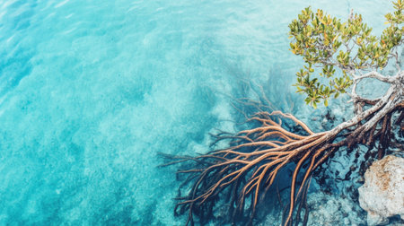 A serene coastal scene showcasing the intricate roots of a mangrove tree submerged in crystal-clear water, reflecting sunlight and adding to the tranquil landscape.の素材