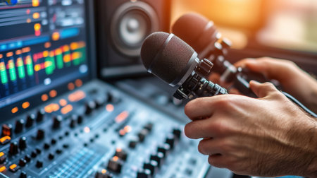 A close-up of hands holding microphones in front of audio mixing equipment. The scene captures the essence of music production, showcasing technology and creativity in a modern studio environment.の素材