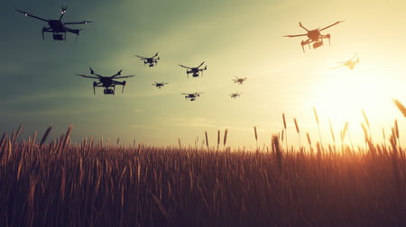 A stunning view of drones soaring over golden wheat fields during sunset, showcasing the intersection of technology and agriculture in a rural landscape.の素材