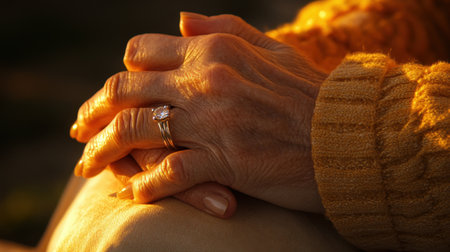 A serene close-up of a pair of hands adorned with elegant jewelry resting gently on a cozy blanket in soft sunlight, capturing warmth and tranquility.の素材