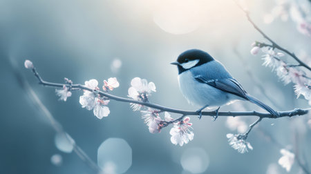 A charming bird sits gracefully on a blossoming branch, with soft light creating a serene atmosphere. This enchanting scene captures the essence of spring and nature's beauty.の素材