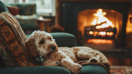 A charming dog peacefully relaxes on a sofa beside a glowing fireplace, creating a cozy and inviting atmosphere perfect for a warm indoor setting.の素材