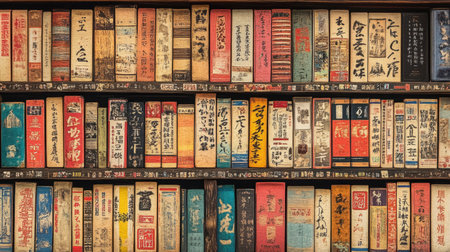 A collection of vintage books lined up on a wooden shelf creates a warm and inviting library scene, perfect for inspiring readers and lovers of literature.の素材