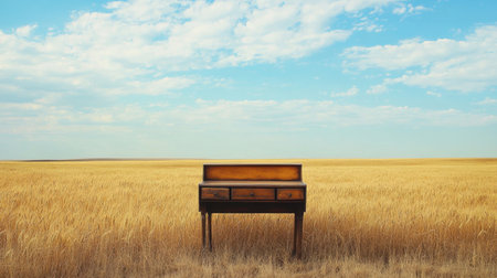 A vintage wooden desk stands alone in a golden wheat field under a bright blue sky, evoking feelings of solitude and creativity in a serene landscape.の素材