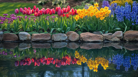 A beautiful scene featuring vibrant spring flowers in red, yellow, and purple, reflecting perfectly in calm water. Ideal for nature and garden photography.の素材