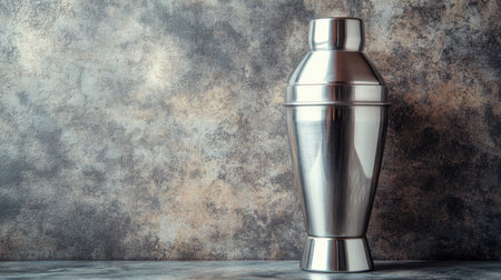 A sleek metal cocktail shaker sits on a textured surface, ideal for mixology scenes or bar-related themes. Perfect for enhancing creative drink preparation imagery.の素材