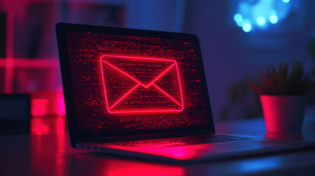 Workspace setup with a laptop displaying a phishing alert email in bright red, raising awareness about digital threatsの素材