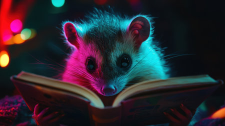 A delightful creature with large eyes is engrossed in a book, surrounded by colorful lights, creating a magical atmosphere perfect for igniting imagination and wonder.の素材