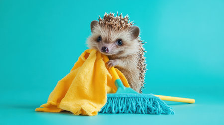 Adorable hedgehog cuddles a bright yellow towel midst cleaning tools against a vibrant blue backdrop, showcasing a playful and charming home or pet atmosphere.の素材