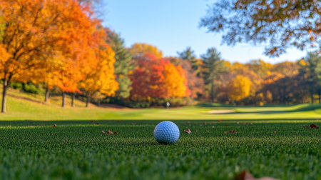 A close-up view of a golf ball resting on lush green grass, framed by stunning fall foliage, creating a picturesque autumn scene perfect for golf enthusiasts.の素材