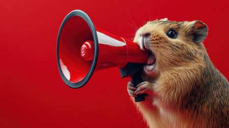 A charming hamster energetically holds a megaphone against a vivid red background, perfect for capturing attention in marketing campaigns or playful social media posts.の素材