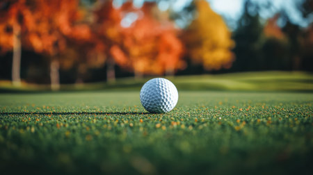 A pristine golf ball rests on the green, surrounded by colorful trees in autumn, showcasing the beauty of outdoor sports in a scenic setting. Perfect for nature and sport themes.の素材
