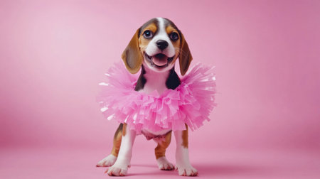 This charming beagle puppy, dressed in a playful pink tutu collar, showcases a delightful smile against a vibrant pink background, embodying joy and cuteness.の素材
