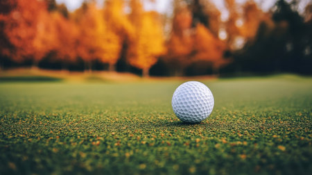 A detailed view of a single golf ball placed on a vibrant green surface, surrounded by colorful autumn trees, capturing the essence of outdoor leisure and sportsmanship.の素材