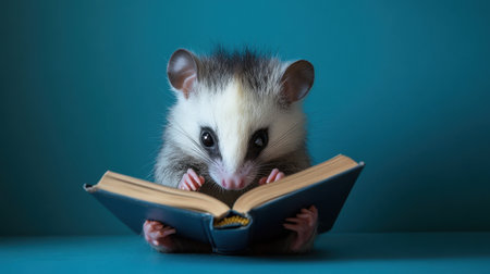 This charming image features an opossum engrossed in a book against a vibrant blue background, showcasing the whimsical charm and curiosity of small animals in a playful setting.の素材