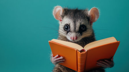 A charming small animal with a playful expression holds an orange book, set against a vibrant teal background, capturing a whimsical blend of education and curiosity.の素材
