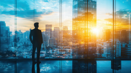 A silhouette of a businessman standing against a stunning sunset cityscape, reflecting modern urban life and professional aspirations through expansive glass windows.の素材