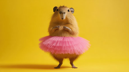 A charming small rodent poses adorably in a pink tutu skirt against a vibrant yellow backdrop, perfect for whimsical art projects or fun children's themes.の素材