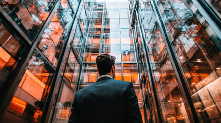 A businessman stands in a modern urban environment, gazing up at glass elevators and contemporary architecture, showcasing ambition and a forward-looking perspective.の素材