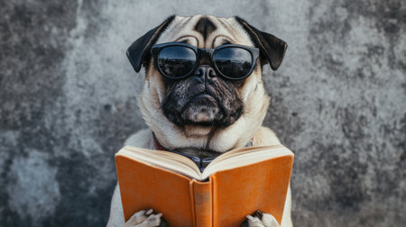 This delightful image features a pug wearing stylish sunglasses and reading an orange book, set against a textured gray background, adding humor and charm to any pet-themed collection.の素材