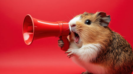 A charming guinea pig holds a red megaphone, expressing joy and enthusiasm on a vivid red backdrop. Perfect for playful and engaging visuals that capture attention.の素材