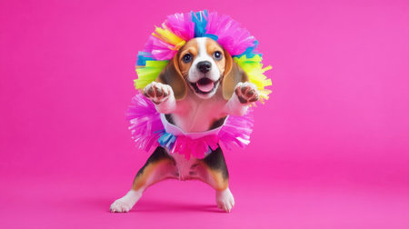 A delightful beagle puppy dressed in a colorful tutu poses joyfully against a bright pink background, capturing a moment of pure happiness and playfulness perfect for pet-themed celebrations.の素材