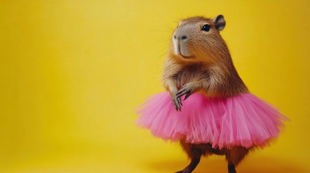 This charming capybara dressed in a pink tutu poses playfully against a bright yellow background, perfect for adding a fun and whimsical touch to various creative projects.の素材