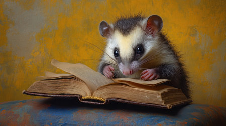 A charming small animal engrossed in reading a book, highlighting the playful nature of curiosity in a whimsical and colorful setting full of life.の素材