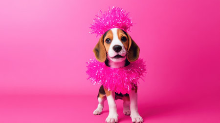 This image captures an adorable beagle puppy dressed in vibrant pink decorations, radiating joy and playfulness against a cheerful pink backdrop. Perfect for pet themes.の素材