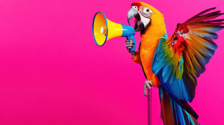 A striking macaw parrot with vibrant feathers holds a loudspeaker, set against a playful pink background, showcasing its lively and expressive nature, perfect for animal-themed projects.の素材