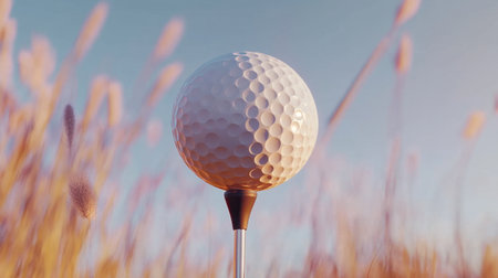 A golf ball poised on a tee surrounds itself with a soft and beautiful background of tall grass, embodying the peace of outdoor golfing and nature's tranquility.の素材